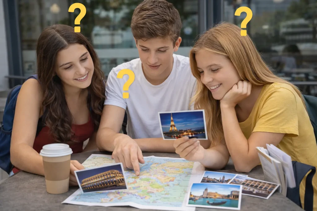 estudiantes eligiendo destino para viaje de fin de curso 2027 con mapa y fotos