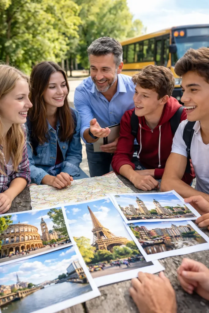 profesor y estudiantes organizando viaje de fin de curso por europa 2027 con mapas y destinos
