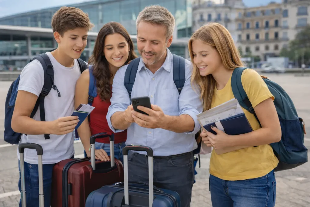 estudiantes con profesor organizando un viaje de fin de curso 2027 en aeropuerto