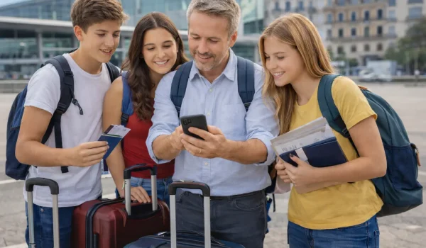 estudiantes con profesor organizando un viaje de fin de curso 2027 en aeropuerto
