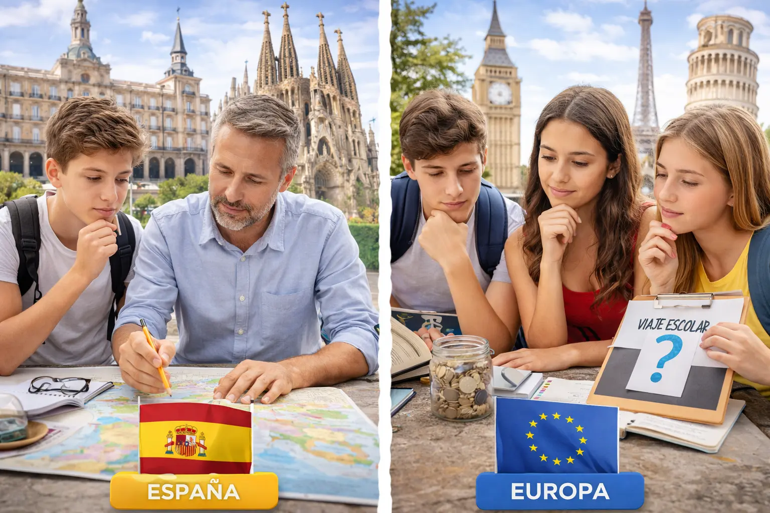 profesor y estudiantes comparando destinos de viajes escolares en españa y europa