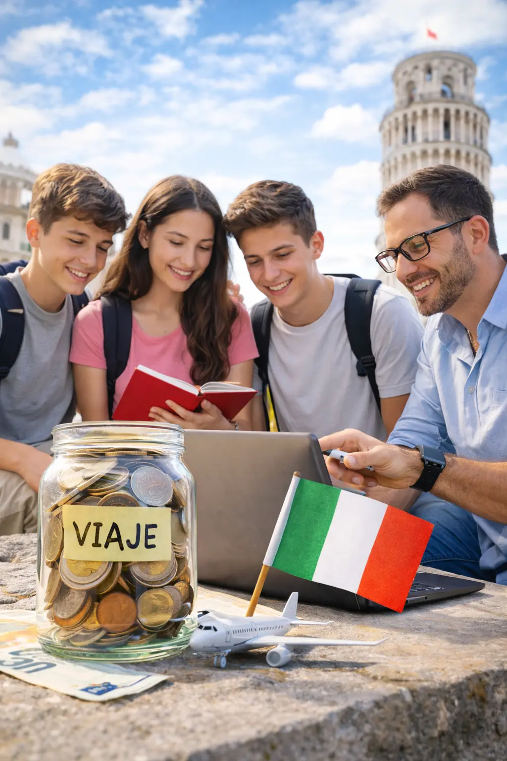 profesor y estudiantes planificando viaje de fin de curso barato con presupuesto